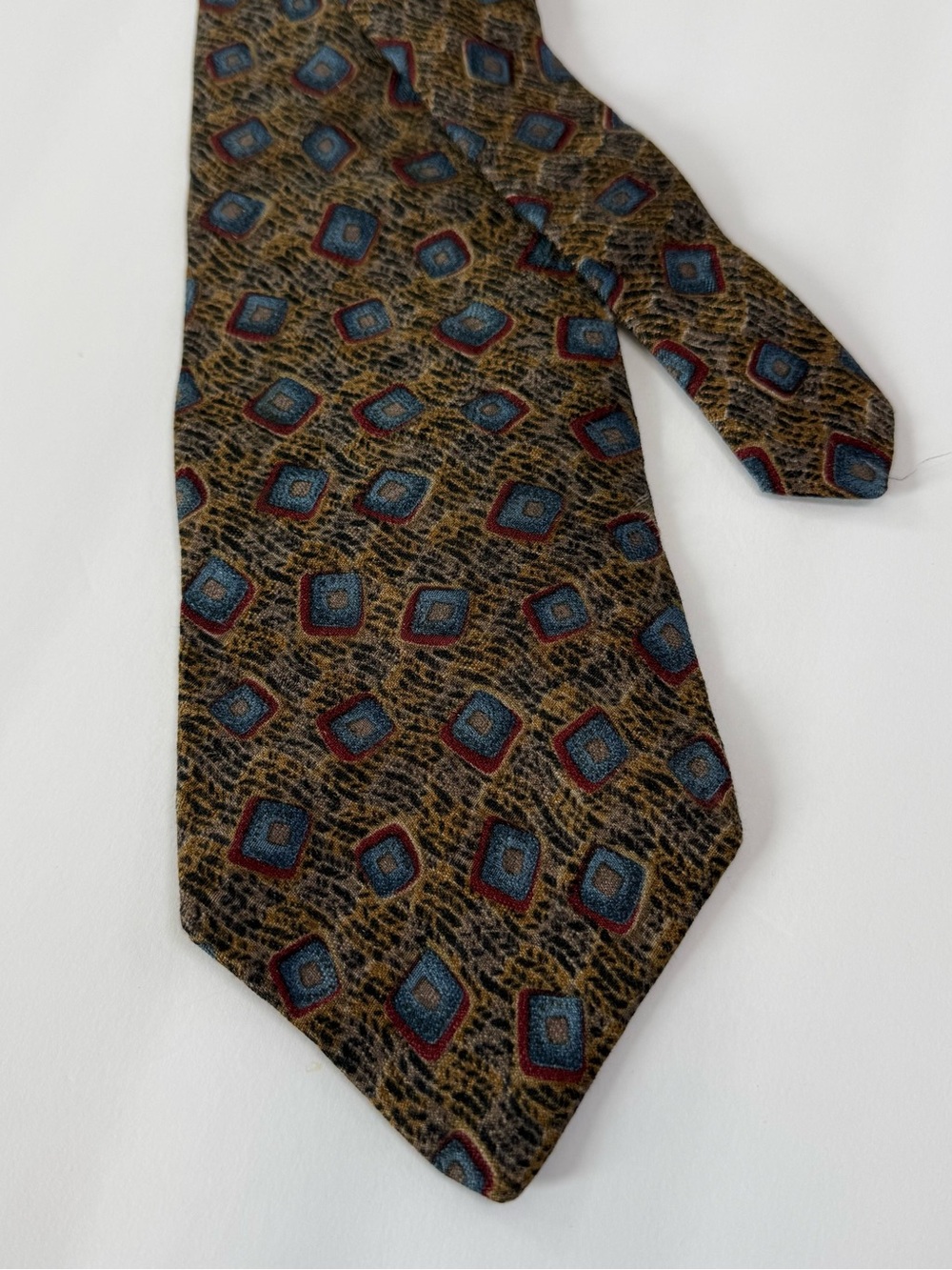 Bugatti Brown Silk Tie with Blue and Red Geometric Motif USA made